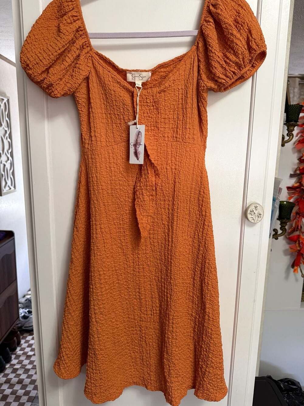 Jessica Simpson Womens Orange Textured Puff Sleeve Mini Dress Size XL